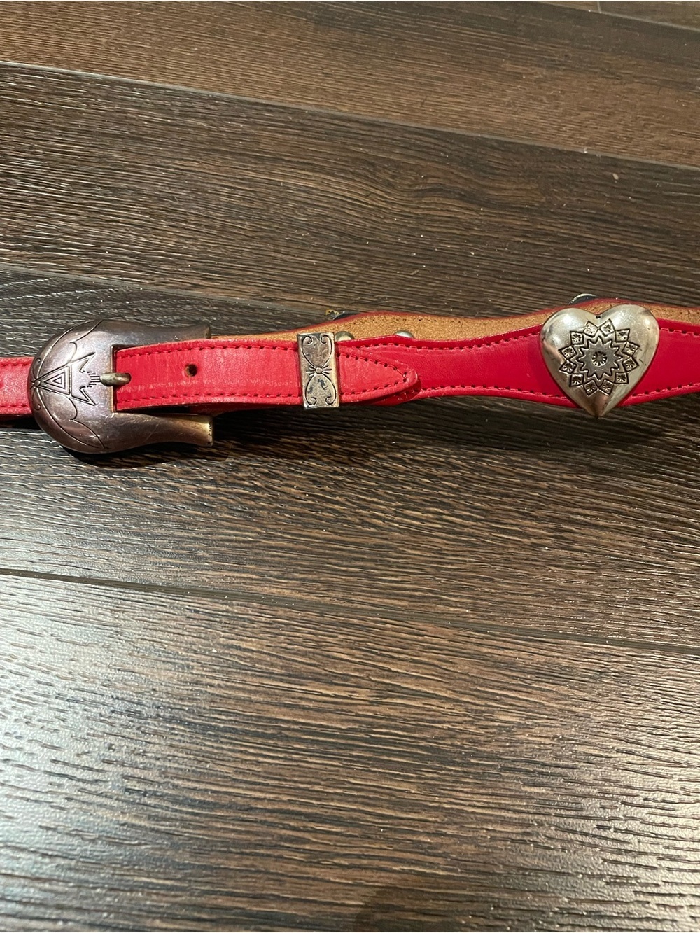 Nocona Red Leather Belt with Silver Accented Hearts Western Rodeo Cowgirl 28
